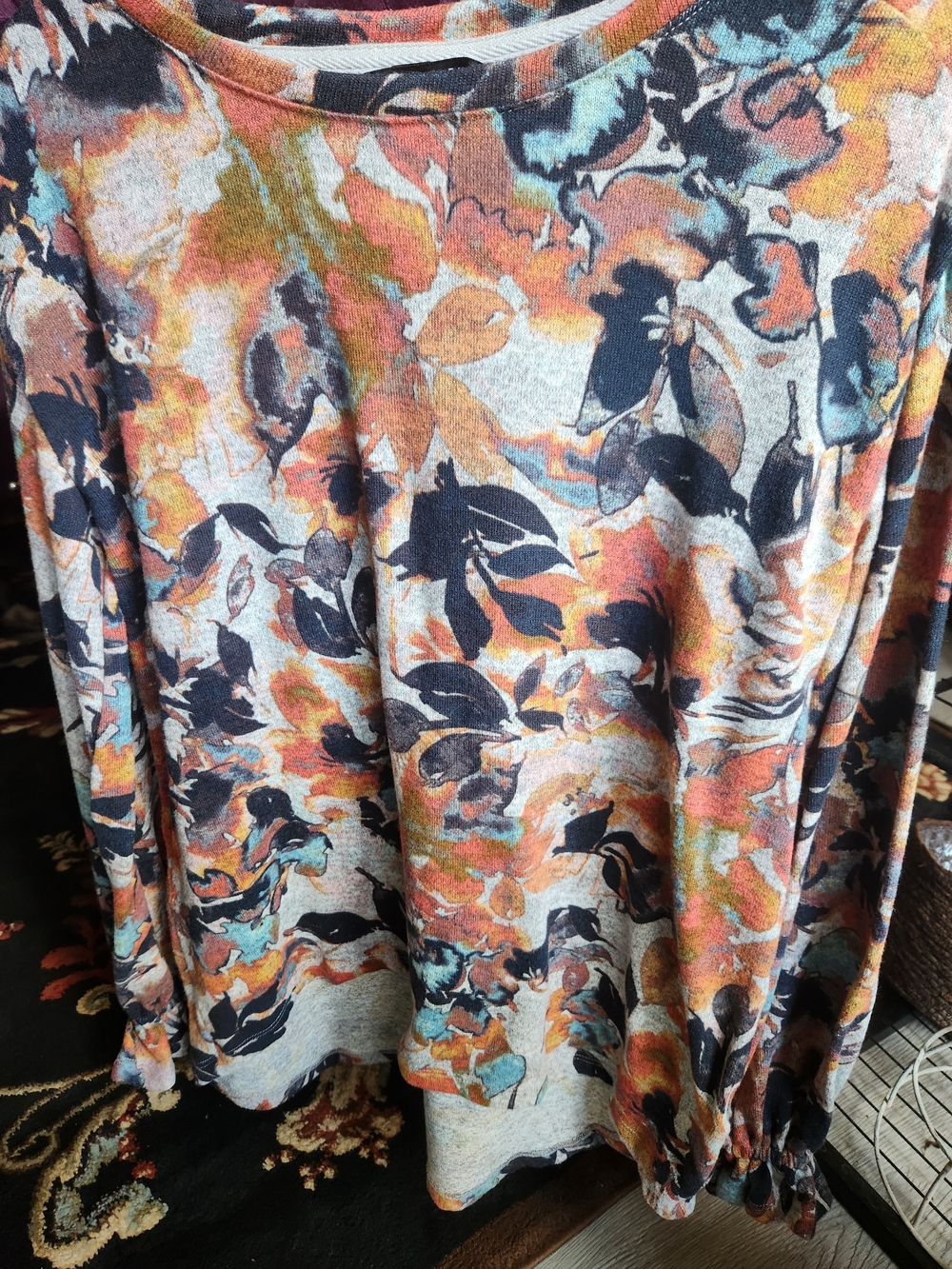 Zac & Rachel Abstract Floral Long Sleeve Tee in Navy, Orange & Teal